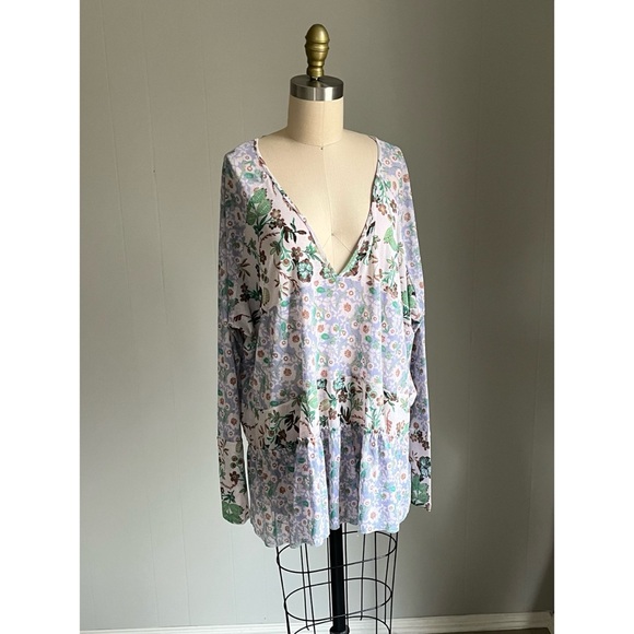 Free People Isabelle Floral Tunic Top Medium Baggy Oversized Flowy Peasant Boho - Picture 2 of 16
